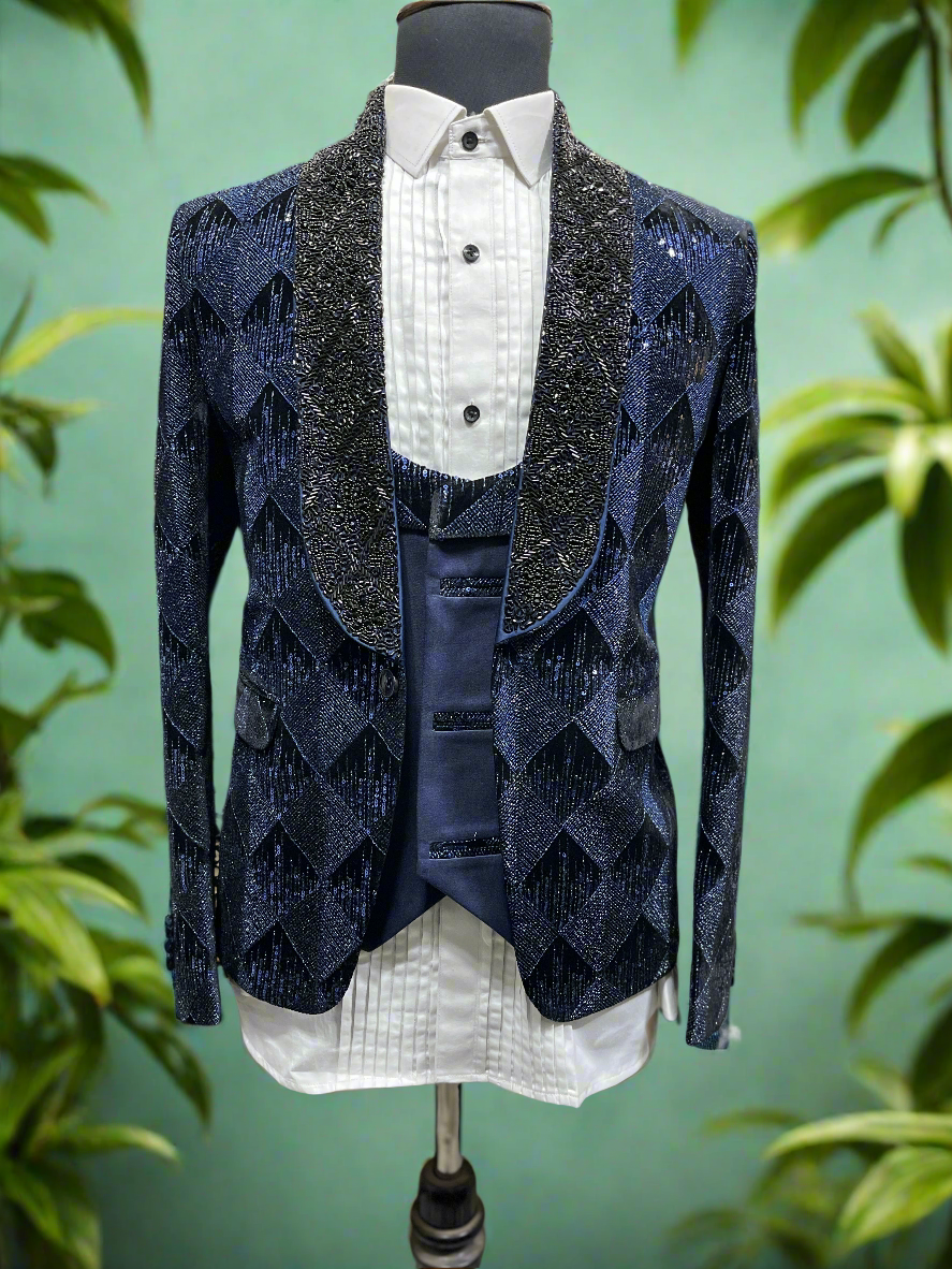 Men's Blue Handcrafted Shawl Lapel Tuxedo