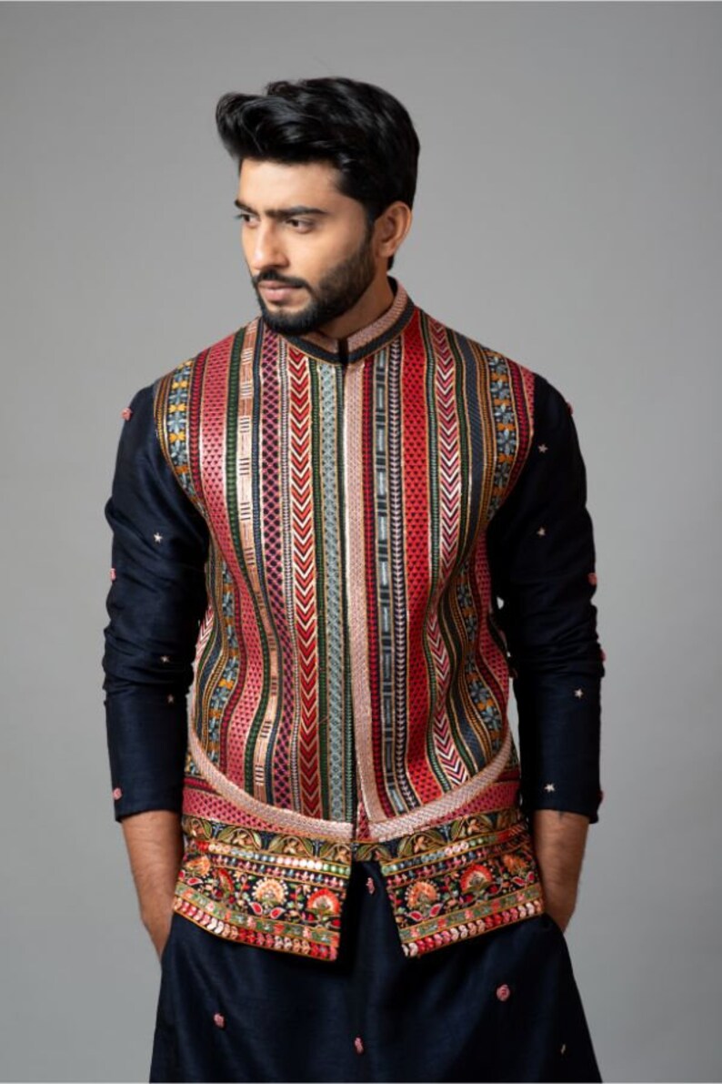 Men's  Navy Blue Multi Colour Embroidery Nehru Jacket Set