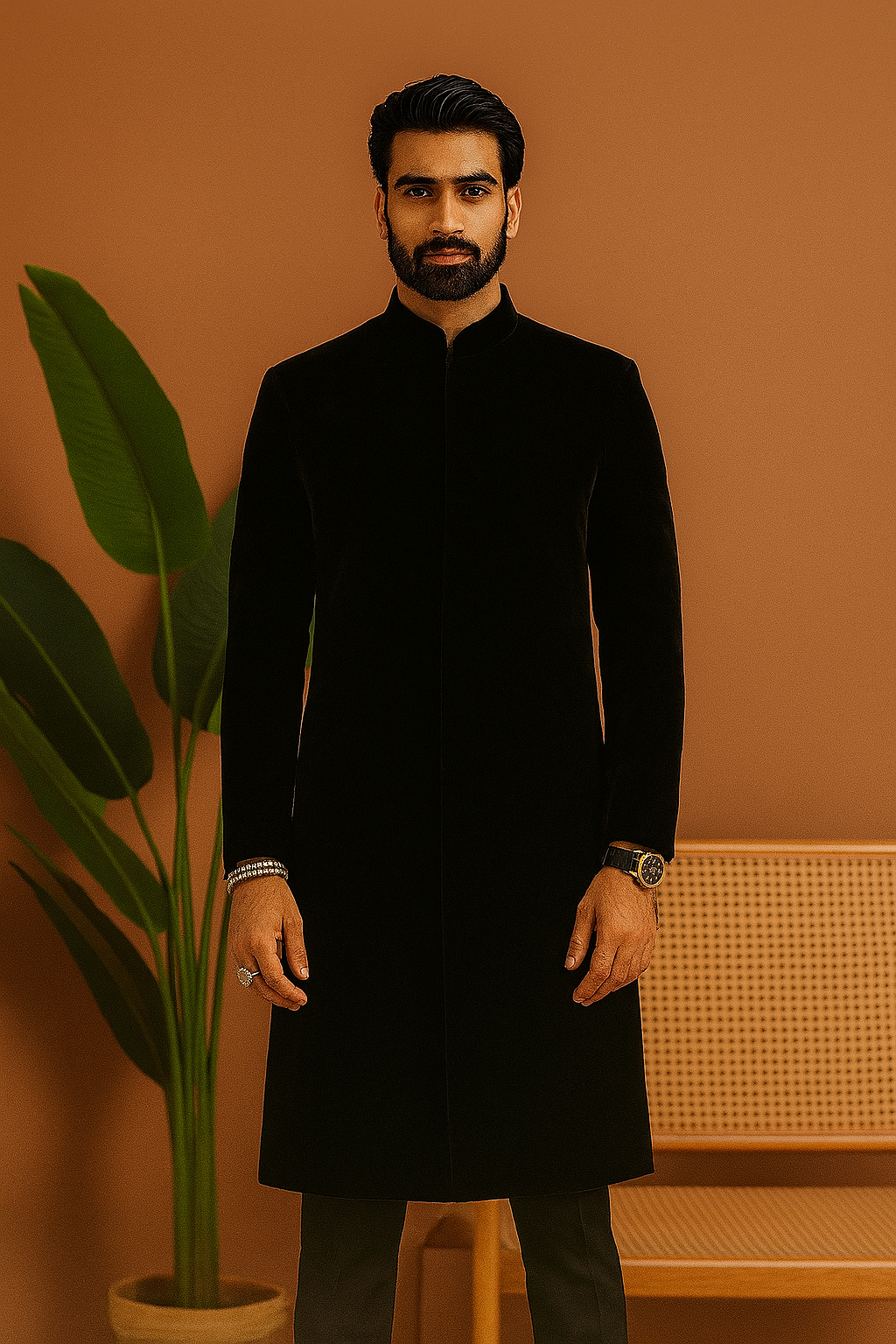 modern silhouette. He is standing and posing confidently in a studio setting with a plant in a pot visible behind him on the left