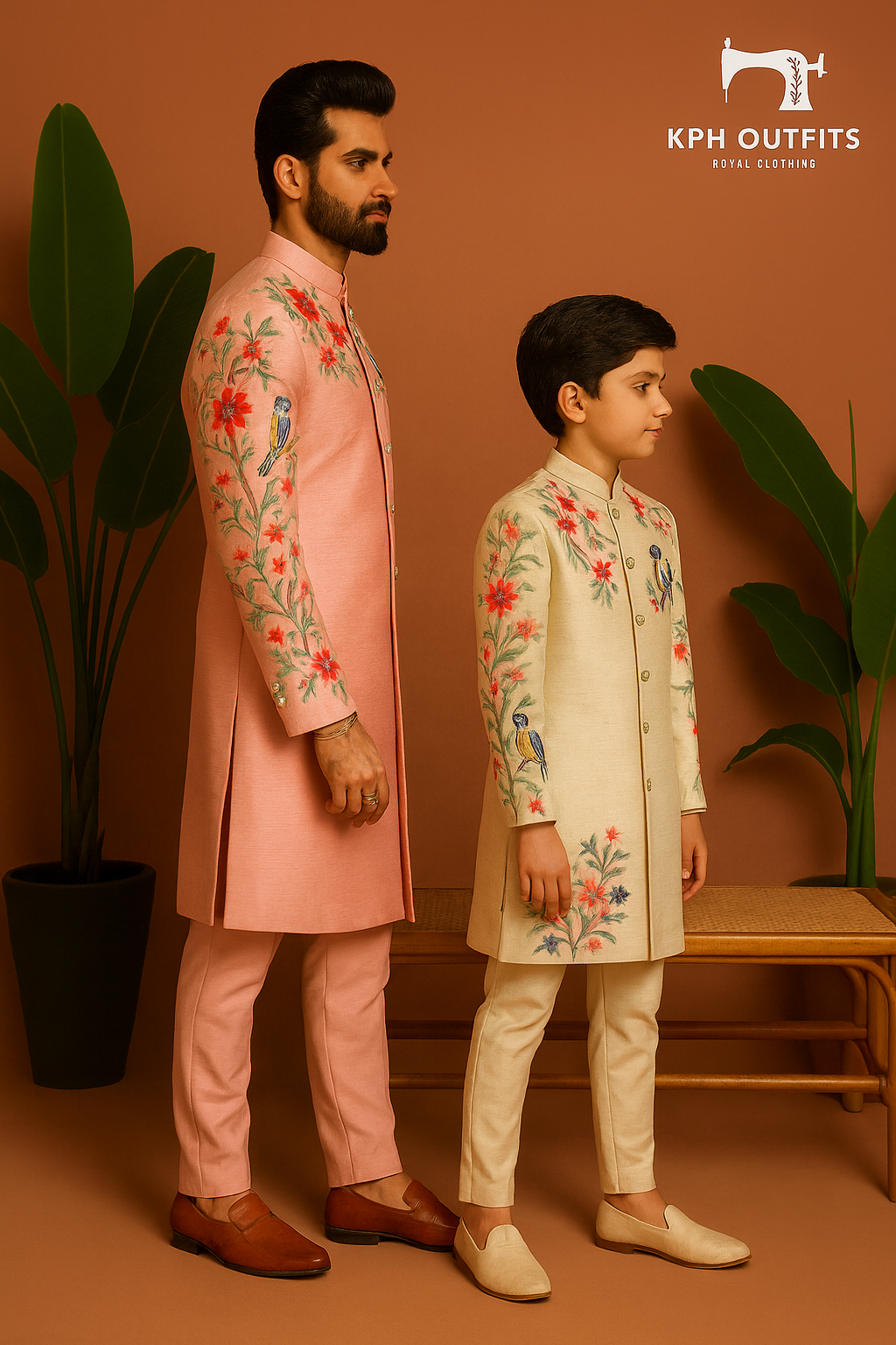 posing together against a plain background. The father is on the left wearing a pink sherwani