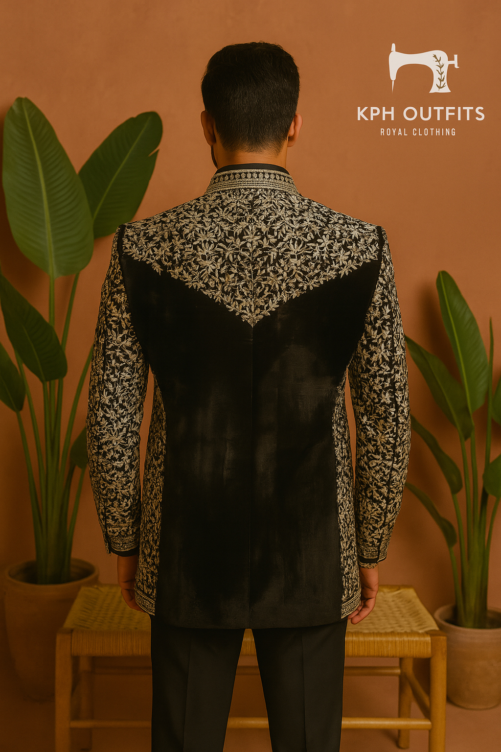 Groom wearing luxury micro velvet Jodhpuri with gold embroidery